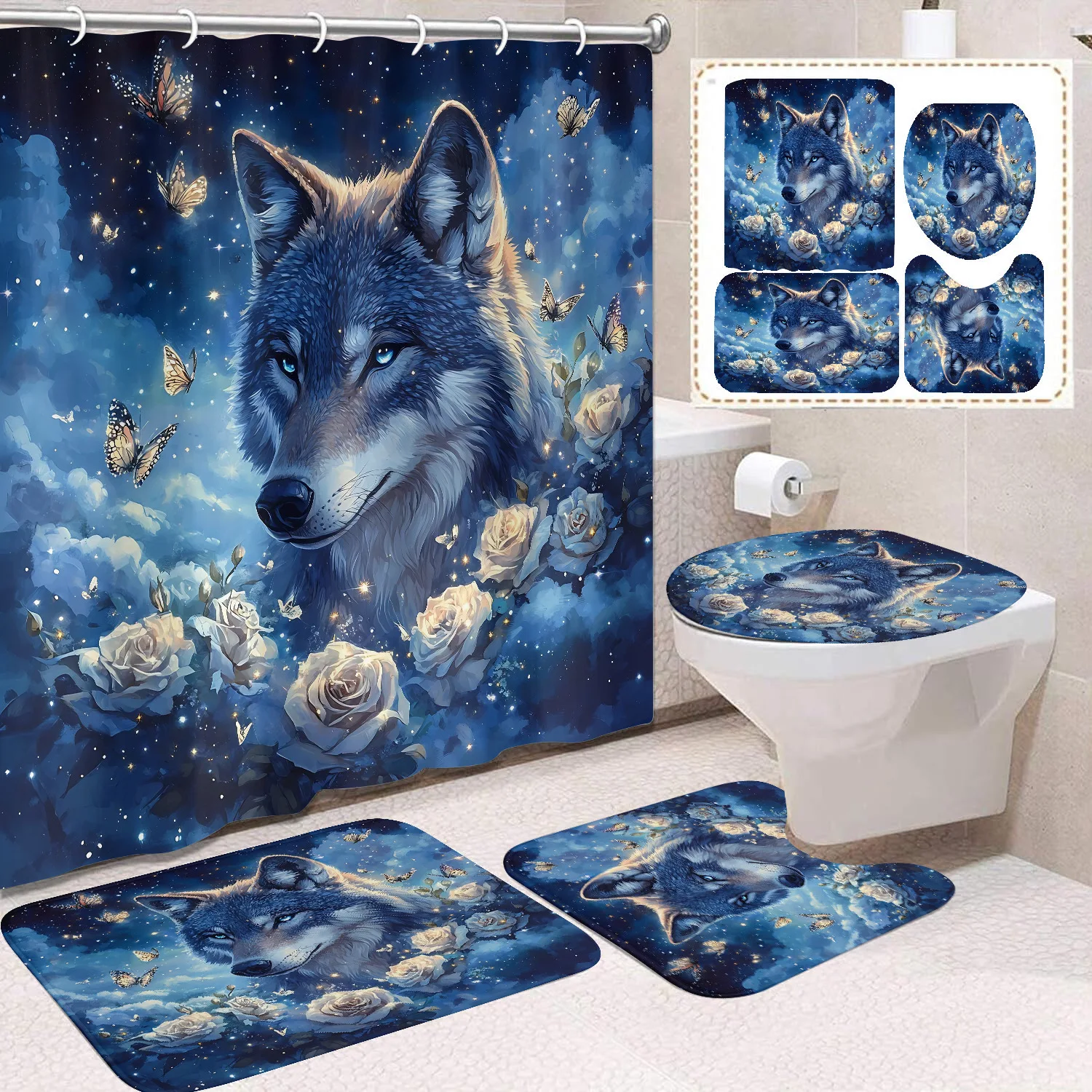 

4-Piece "Northern Wolf" Bathroom Set: Shower Curtain, Non-Slip Rugs, Toilet Seat Cover & Bath Mat - Durable & Waterproof