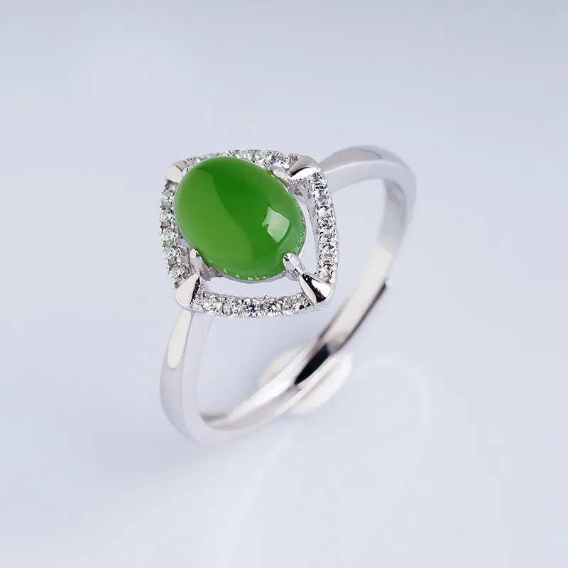 Hollowed-Out 925 Sterling Silver Inlaid With Natural Hetian Jadeite, Adjustable Women'S Ring