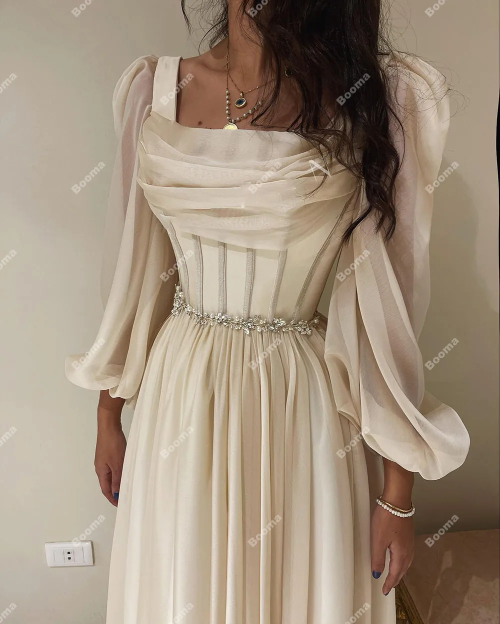 Booma Ivory A-Line Chiffon Prom Dresses long Puff Sleeves Pleats Crystal Beaded Formal Party Elegant Gowns Dubai Evening Dress