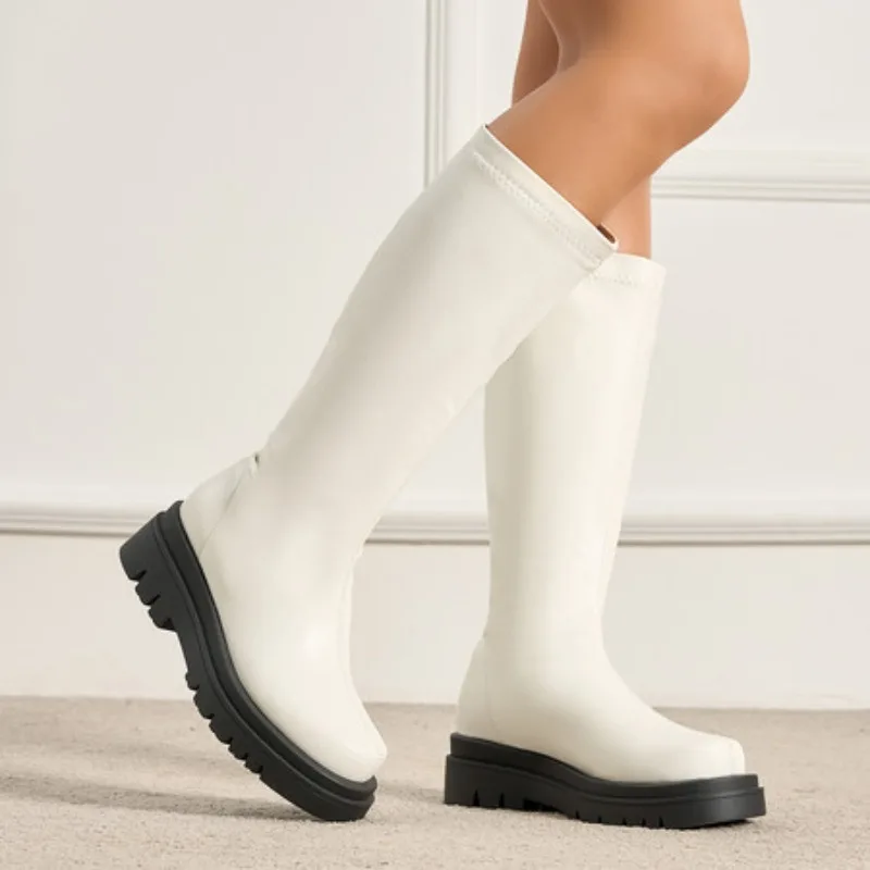 

INS Горячая распродажа сезона Новые женские высокие утягивающие длинные сапоги на толстом каблуке 5 см Рыцарские сапоги из искусственной кожи с круглым носком Зимние Ru