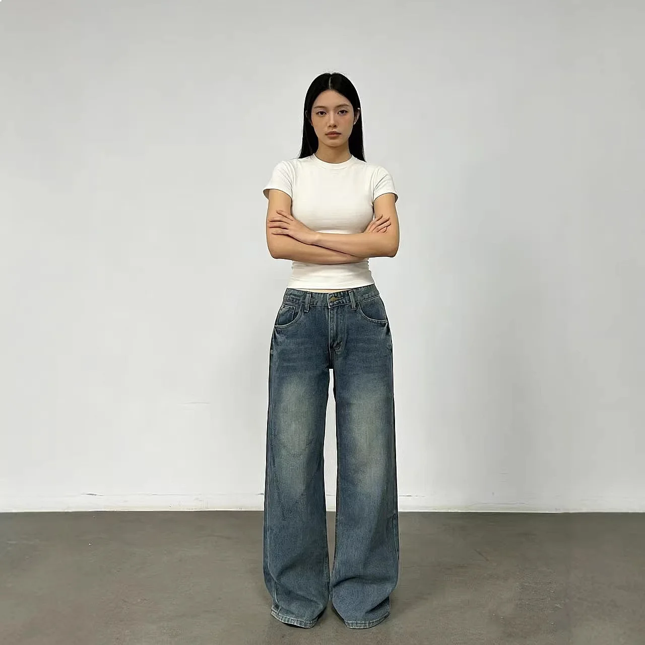 Women's Straight Jeans Washed Cat Whisker Loose Denim Jean Pants Spring Summer