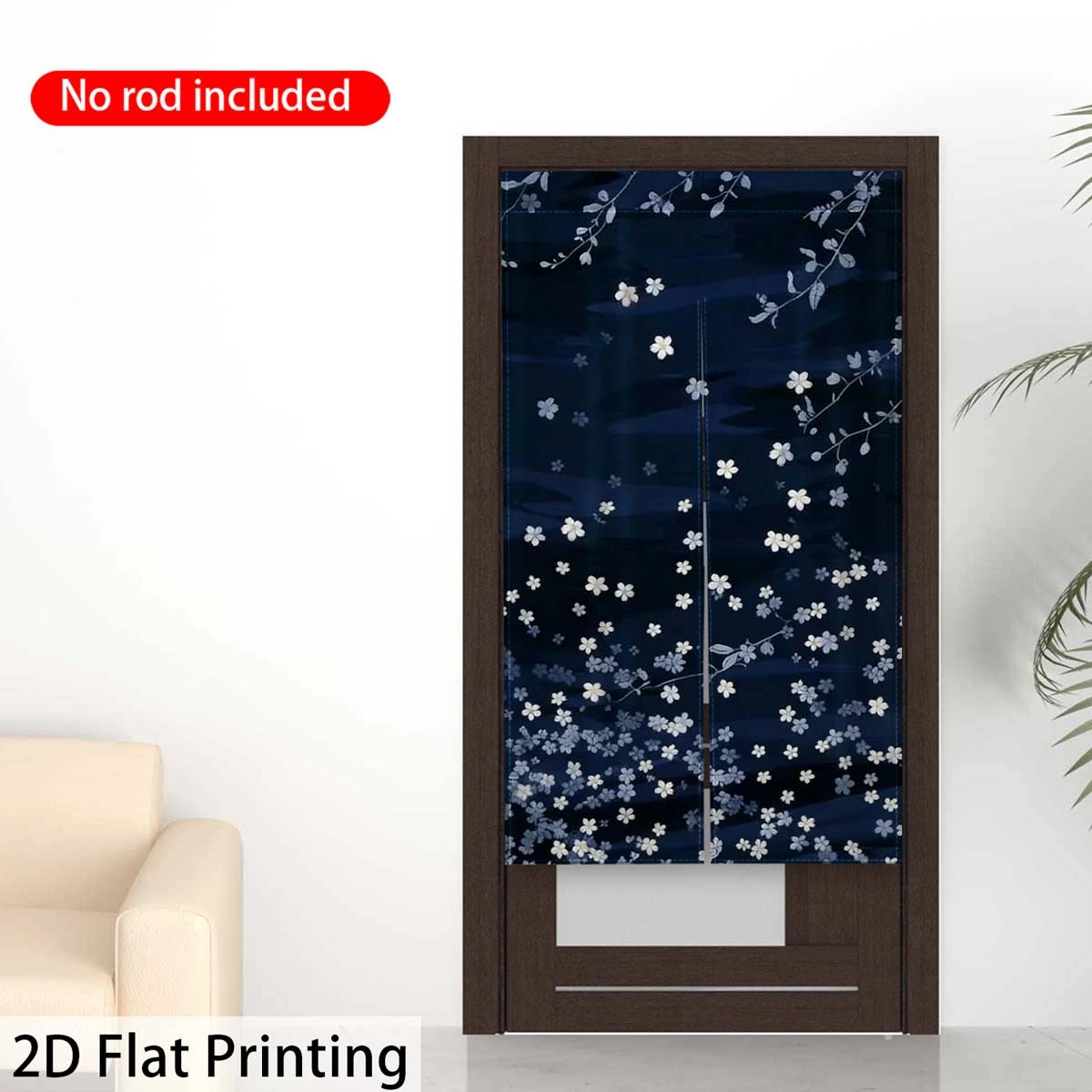 VIKAMA Indigo Cherry Blossom Branch Room Divider Curtain, Machine-Washable Double-Panel Curtain, Zen-Inspired Home Decor Curtain