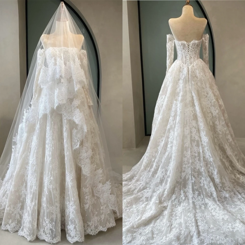 Customized Soft White Lace Bridal Gowns Elegant Boat Neck Long Sleeves Wedding Dress Dreamy A-Line Lace Up Back Robe de mariée