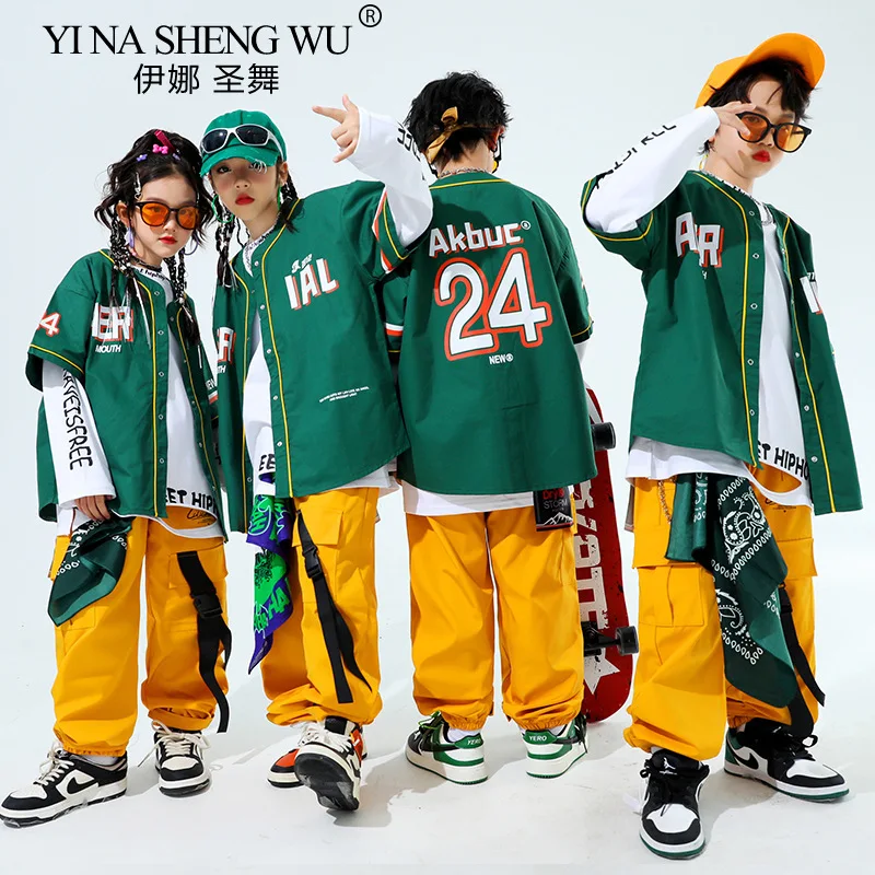Hip Hop Boys Fashion Baseball Jacket Solid Cargo Pants Girls Cool Streetwear Children Jazz Clothes Set Kids Street Dance Costume