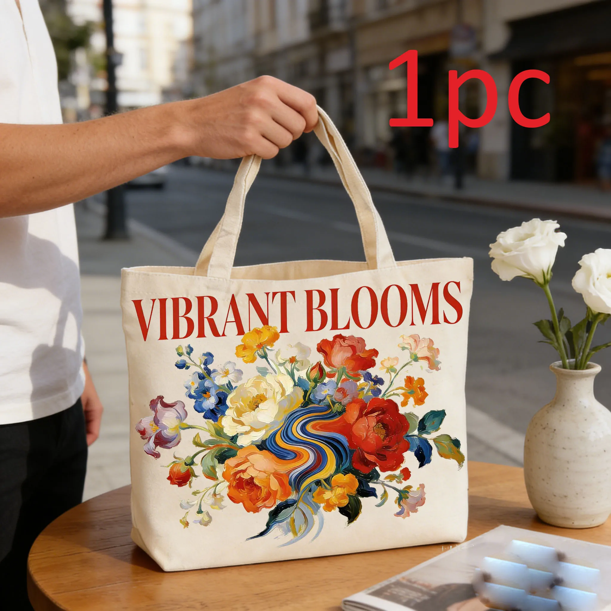 

1 шт., ретро картина маслом, цветочная тематическая сумка, прочная холщовая сумка, портативная ручная холщовая сумка на плечо, сумка для покупок