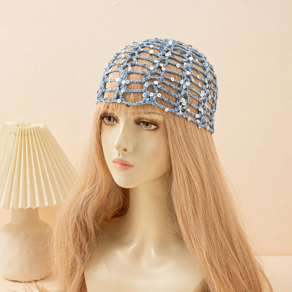 Casual Hollowed Out Sequined Pullover Hats Sequined Design Vintage Style Beanie Hat Y2K Knit Hat Daily Use