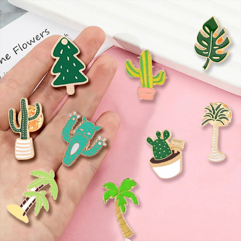 12 Style Cartoon Jackets Sweater Bag Pins Green Plant Tree Cactus Leaf Brooch Pin Metal Badge Couple Accessories Gift Wholesale