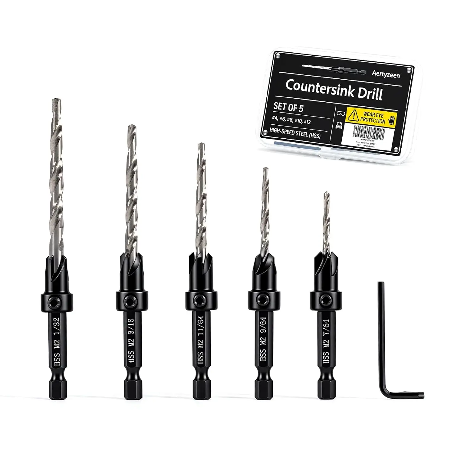 

5PCS Tapered Countersink Drill Bit Set for Wood, HSS Steel, Quick Change Shank with Depth Stop