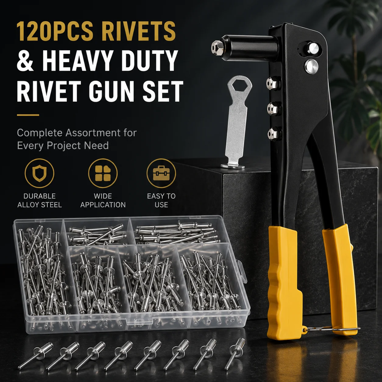 Heavy Duty Pop Rivet Gun Kit with 120PCS Blind Rivets, Hand Riveter Tool Set for Metal Repair, DIY & Automotive Use