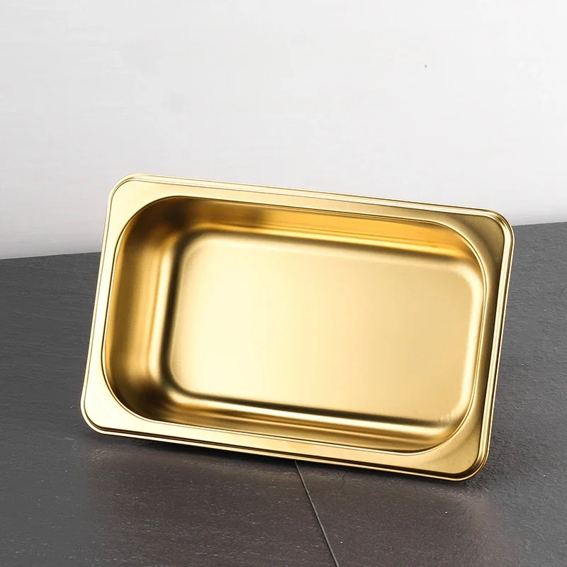 Golden Food Buffet Basin Plates 304 Stainless Steel Square Pots Tray Dishes Sauce Box Jam Boxes Canteen Fast Food Truck Dish