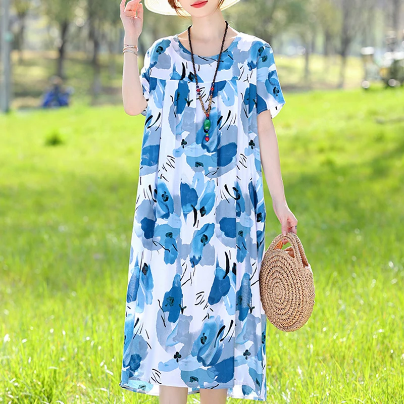 

Elegant Women's Loose Dresses 2024 Casual Vintage Print Long Dresses With Sleeves Summer Clothes High Quality