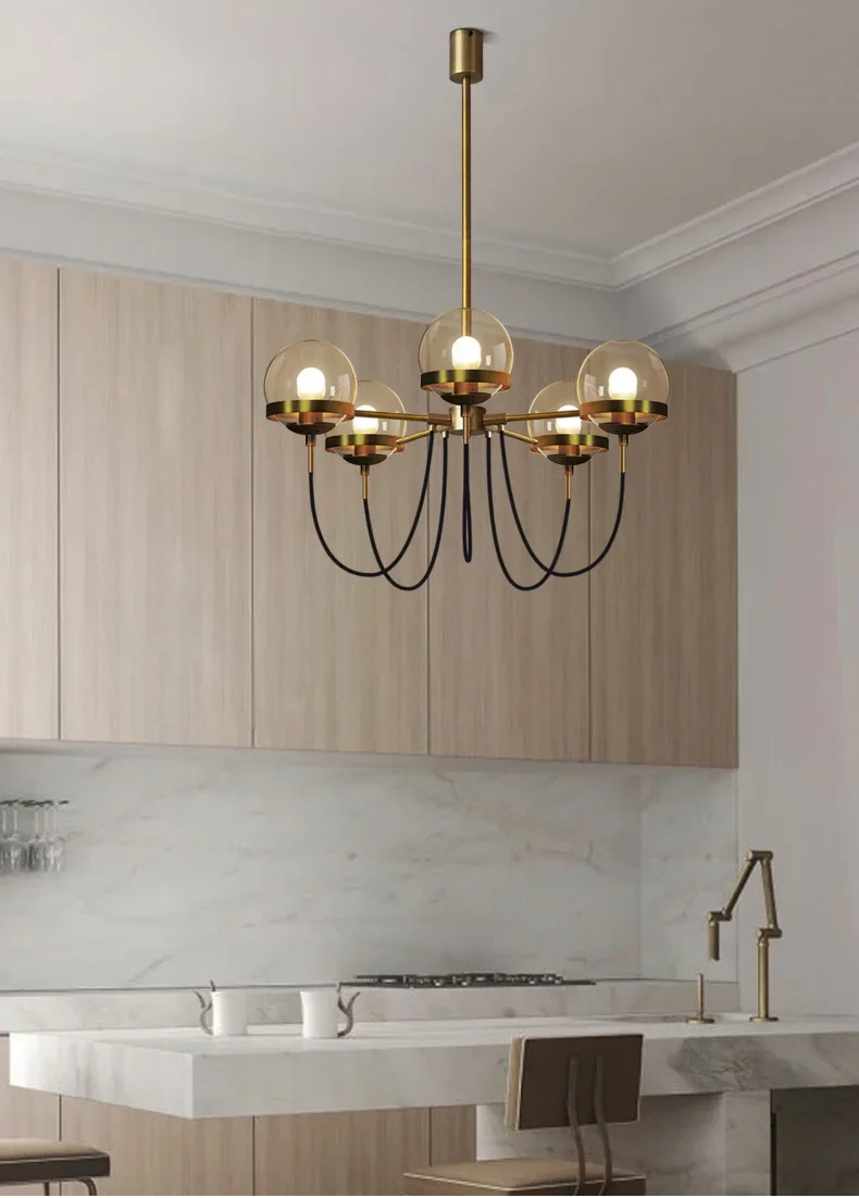 Retro Mitte des Jahrhunderts Kronleuchter Designer Glaskugel Kronleuchter für Wohnzimmer Schlafzimmer Küche Dekor schwarz Gold LED Pendel leuchte – Detail 13