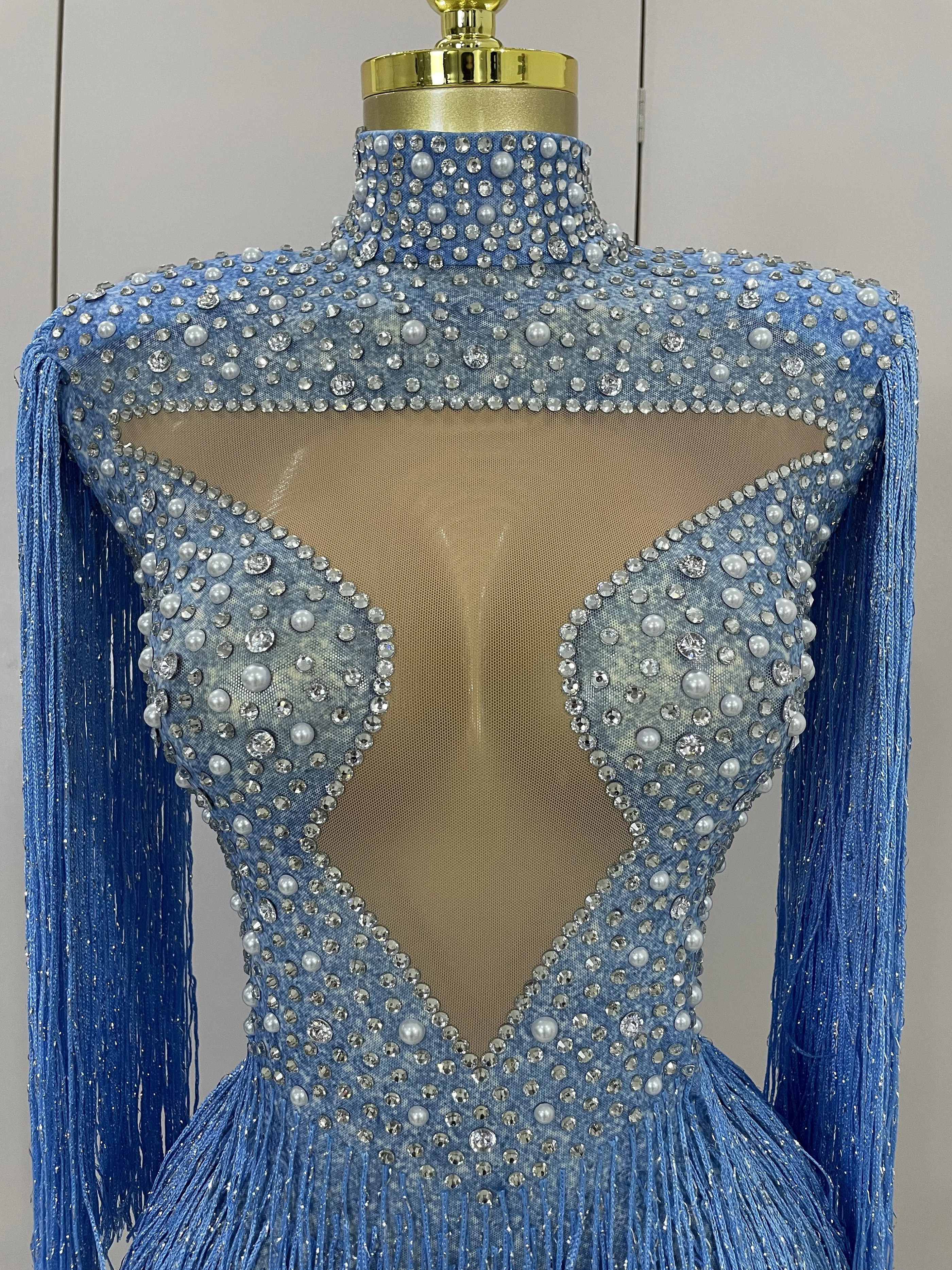 Luxury Sparkly Rhinestone Tassel Mesh Strech Bodysuit Evening Celebrate Birthday Party Nightclub Dance Performance Stage Costume