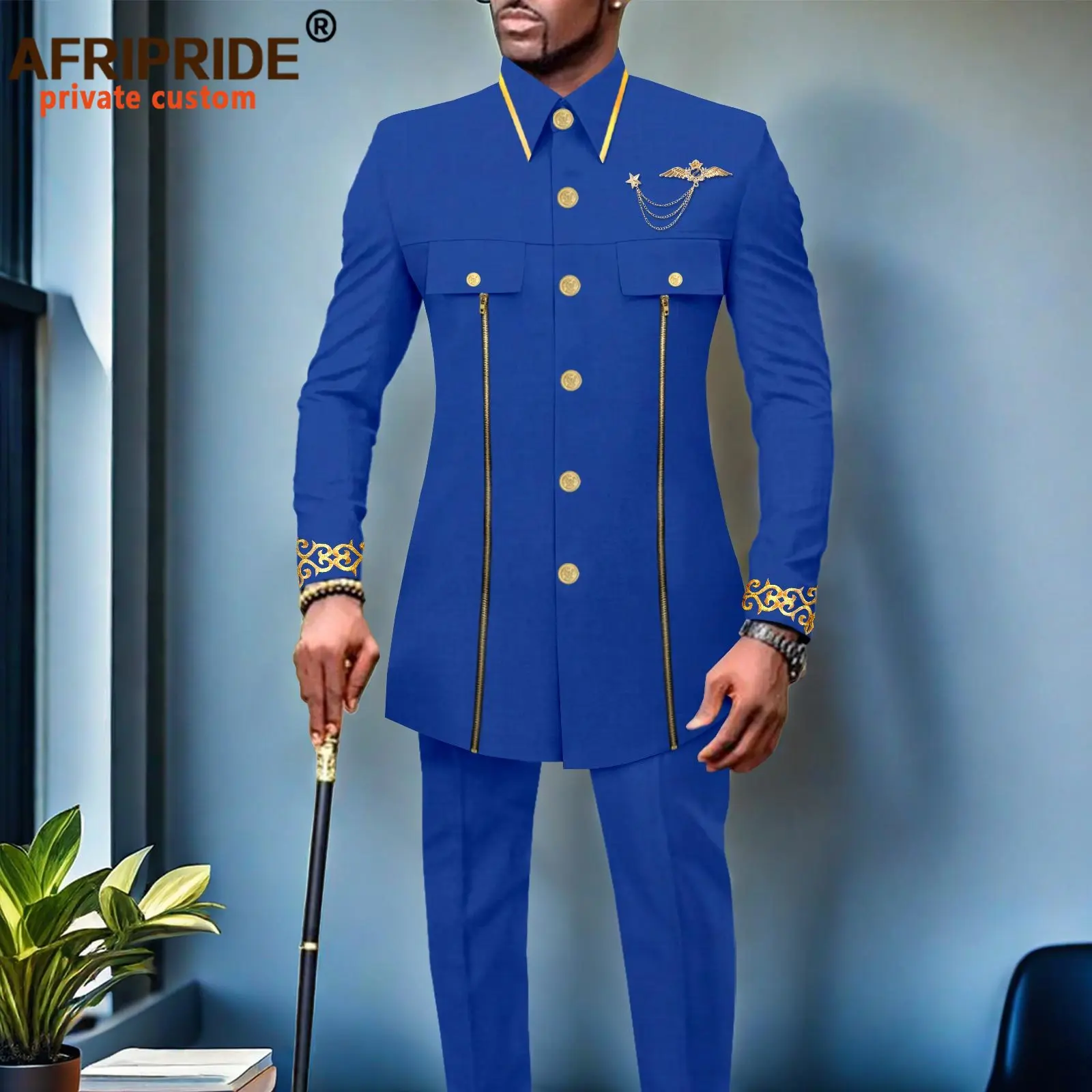 Men`s Suits African Clothes Slim Fit Embroidery Single Breasted Full Sleeve Zip Blazer and Pants Set Formal Outfits 2416079