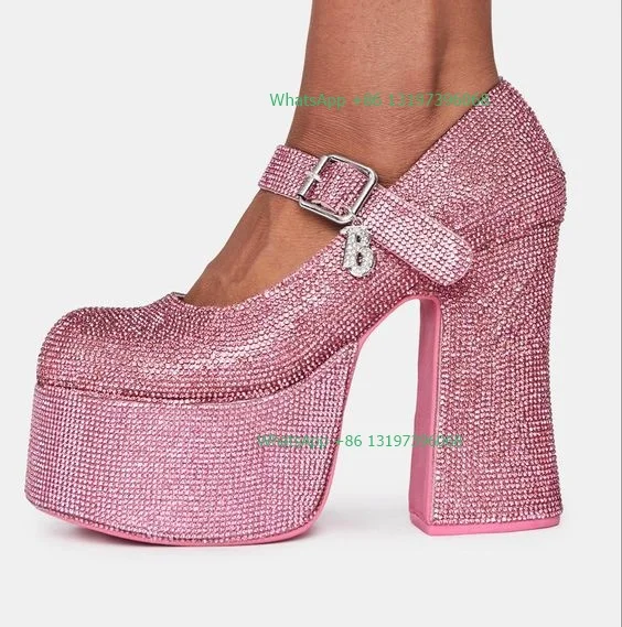 Lady pink rhinestone design Mary Jane bling bling platform chunky heel shoes pink demand metal buckle high heels shoes footwear