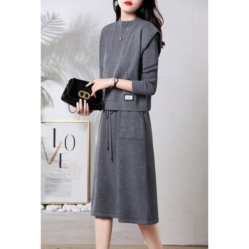 Women\'s Clothing Solid Casual Two Piece Set Knitted Dress Autumn Winter Slim O-neck Thick Warm Drawstring Commute Dress