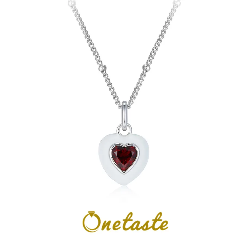 

925 Sterling Silver White Epoxy Glue Red Garnet Heart Charm Rosary Necklace Women Trendy Dainty Cute Stackable Pendant Necklaces
