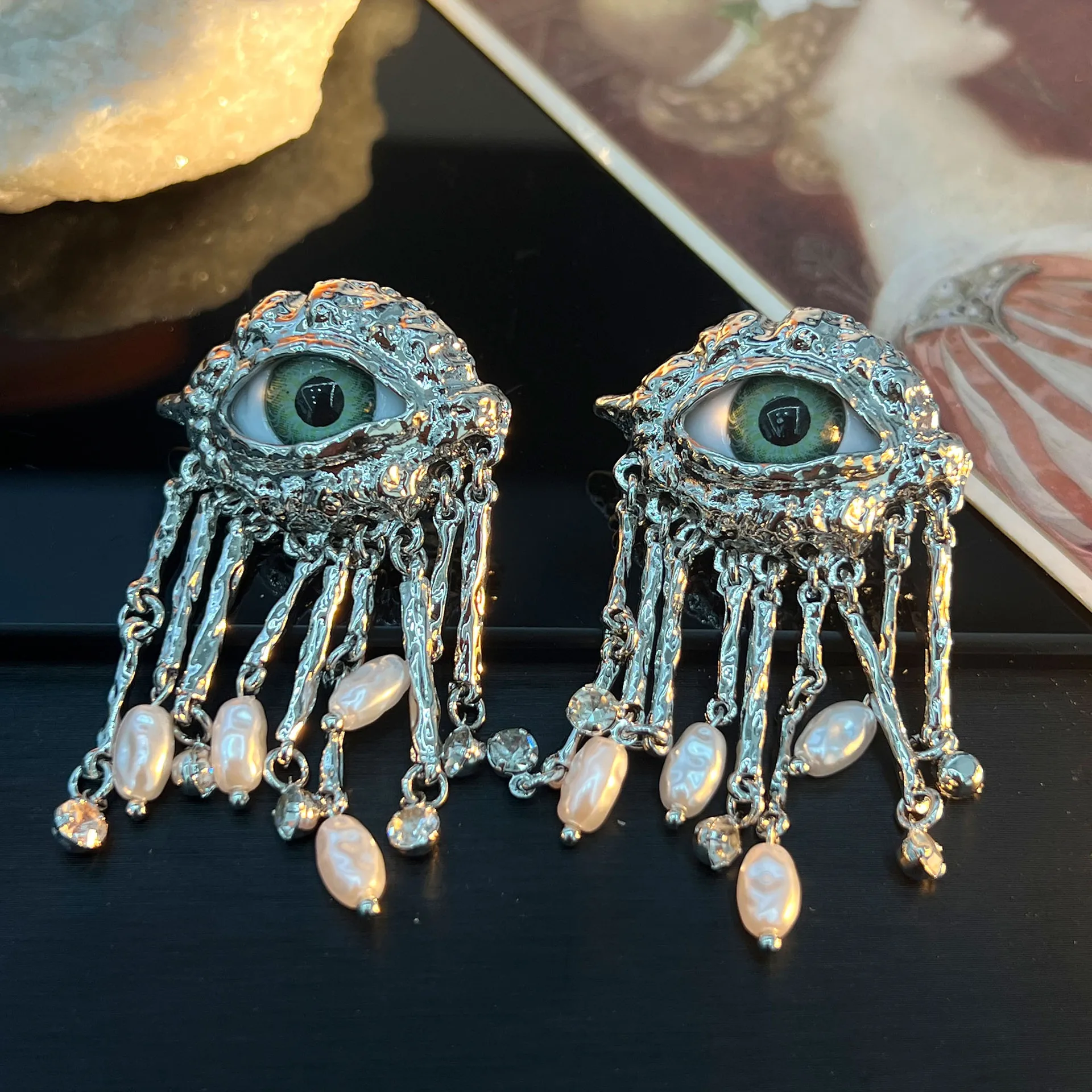 Vintage Evil Eye Tassel Pearl Earrings, Fashion Designer High‑End Personalized Elegant Earrings For Women Exquisite Party Jewelr