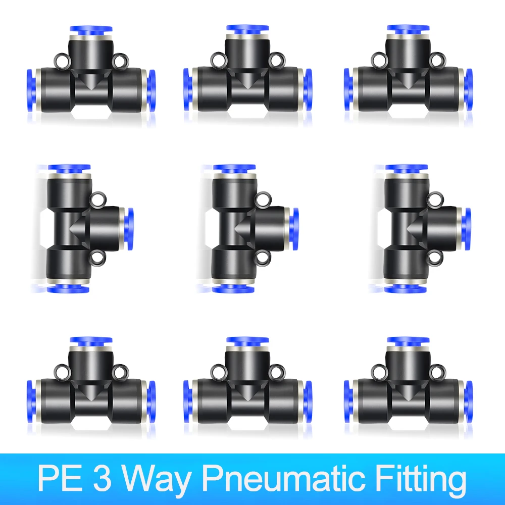 

1-50Pcs PE T Type 3 Way Air Hose Pneumatic Fittings Air Pipe Jointer 6mm/8mm/10mm/12mm Hose Quick Push in Fitting Connectors