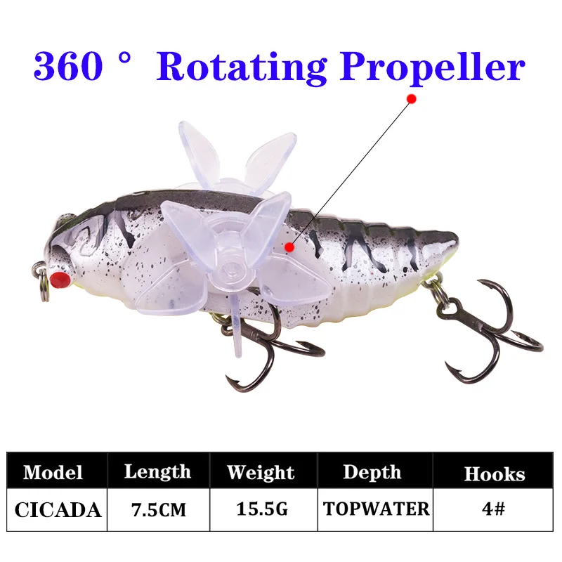 1Pcs Cicada Topwater Fishing Lures 7.5cm 15.5g Artificial Bait Wobblers Rotating Double Trolling Tackle