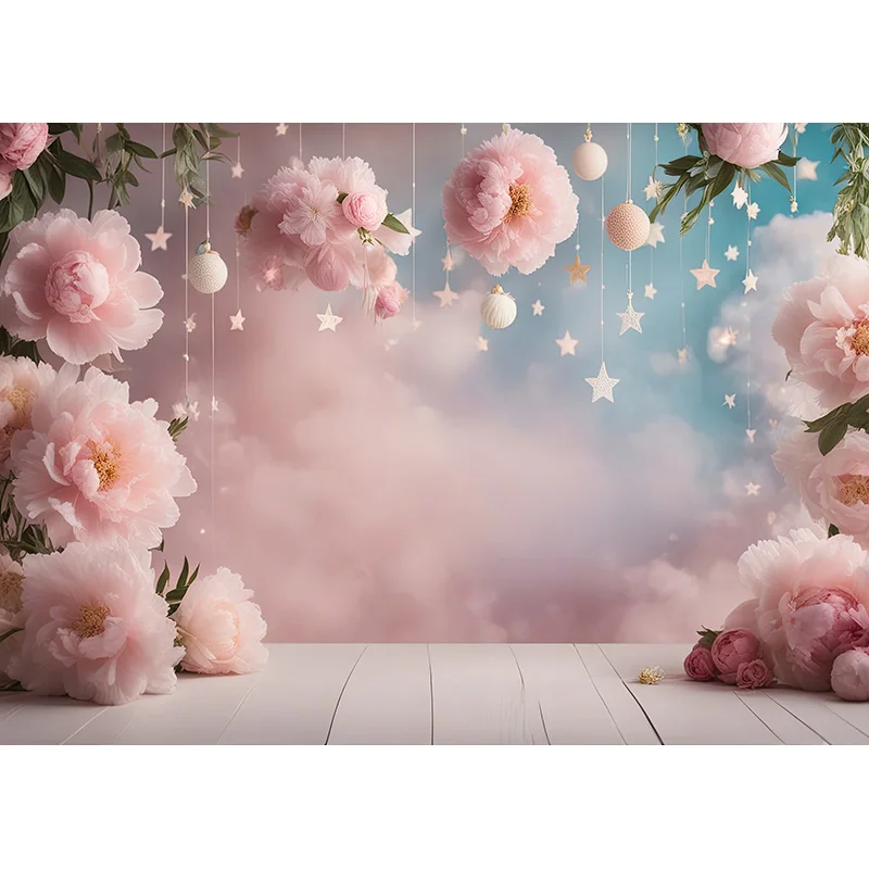 Różowy Niedźwiedź Cyfrowe Tło na Tort Urodzinowy Smash Studio Fotografia Tła z Pastelowym Różowym Tłem Gwiazdy TD-01