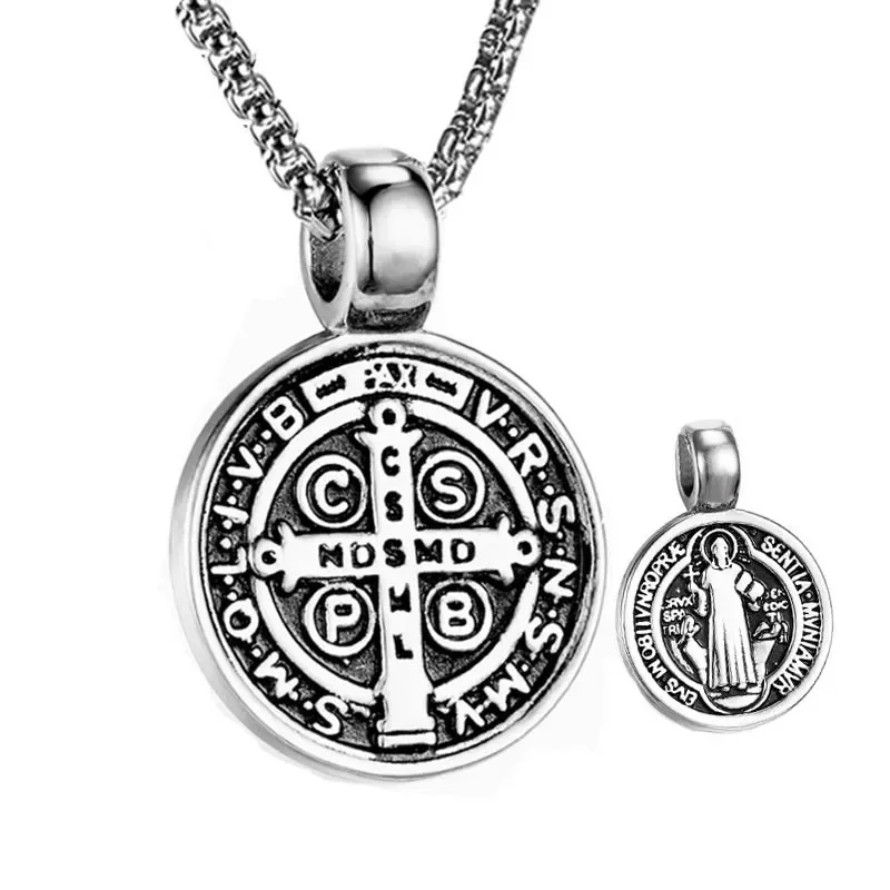 

Vintage St Benedict Exorcism Women Men Necklace Round Pendant Stainless Steel 24Inch Chain Catholic Roman Cross Demon Necklaces