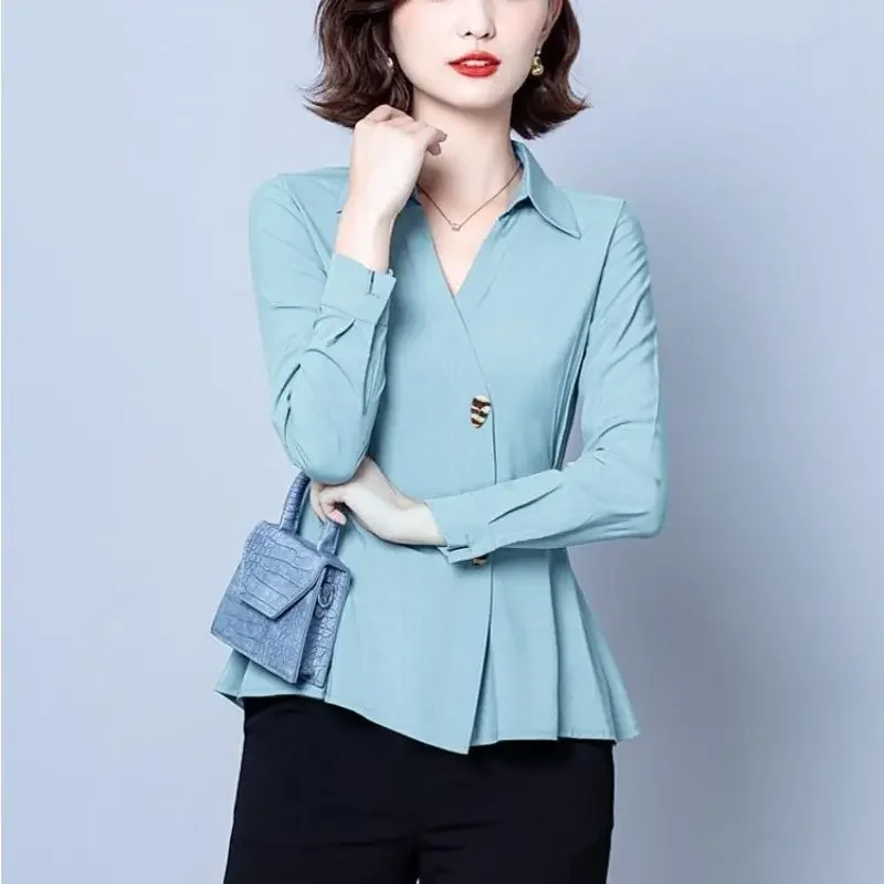 New Spring and Autumn Professional Light Maturity Fashion Flip Collar Waist Collection Solid Color Simple Commuter Shirt B838