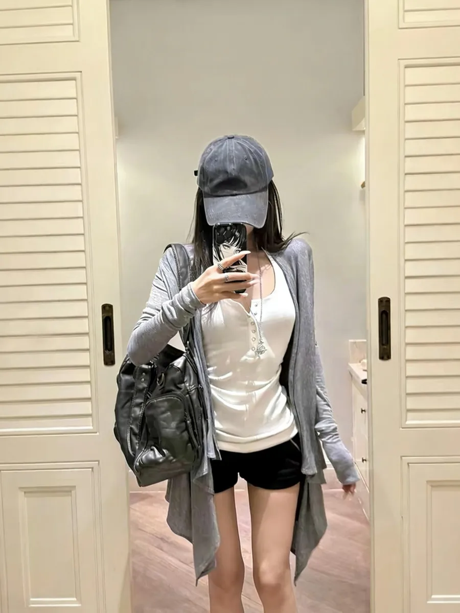 

Элегантный серый асимметричный вязаный кардиган с защитой от солнца, женский тонкий кардиган с длинными рукавами для весны и лета, верхняя одежда