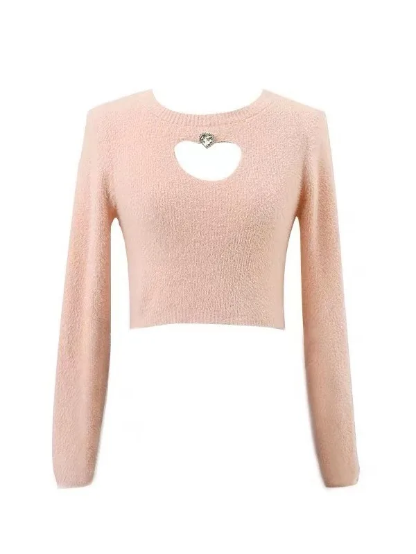 Heart-Shaped Hollow Short Knitwear Winter New 2024 Korean High-Waisted Long-Sleeved Bottoming Top Female