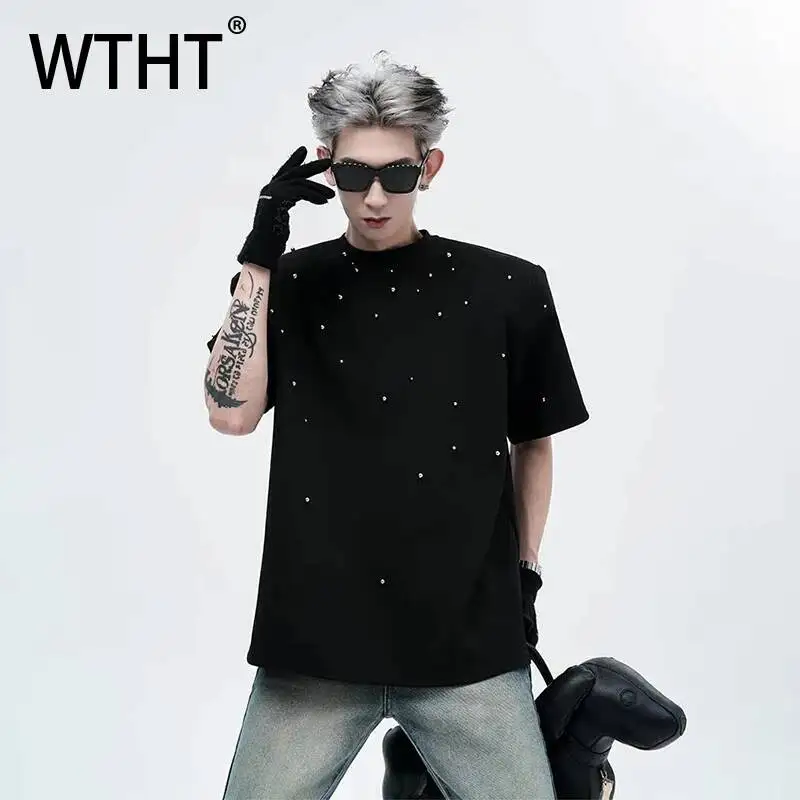 WTHT Fashion Men's Metal Beads Shoulder Pad Design T-shirts Vintage 2026 Summer High Street Round Collar Tops Male 2A3083