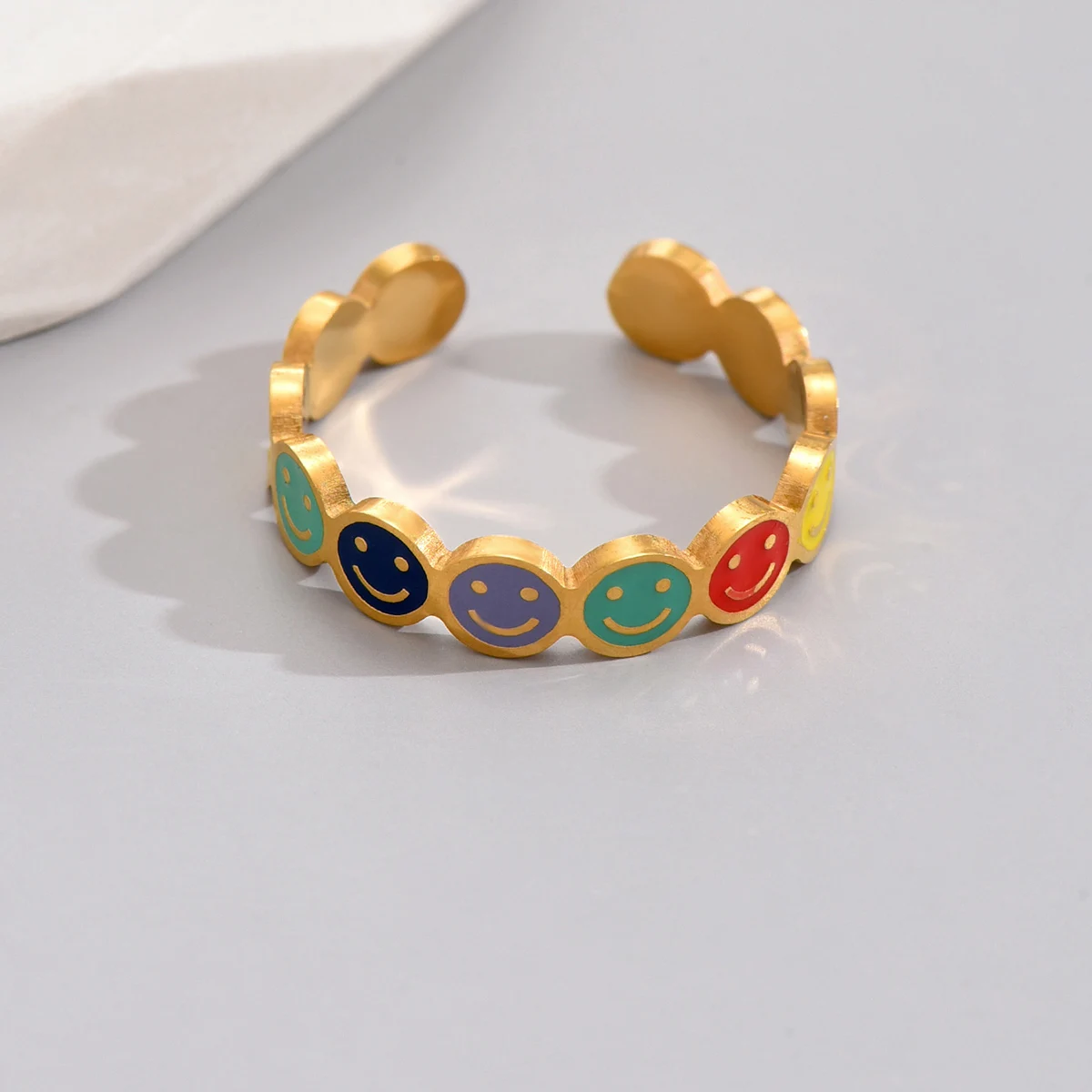 خاتم J24 Rainbow Smiling من الفولاذ المقاوم للصدأ، خاتم مفتوح عصري وأنيق للنساء، خاتم إصبع السبابة الإبداعي #2