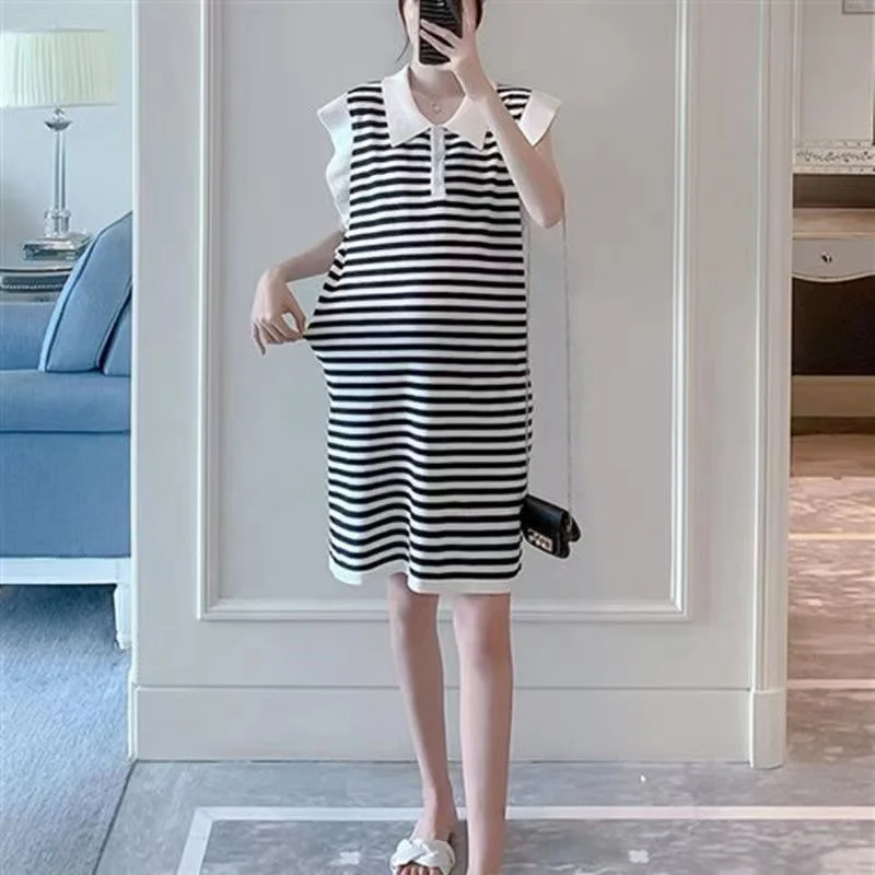 

Summer Maternity Knitting Dress Korean Style Block Color Turn-down Collar Petal Sleeve Loose Pregnant Woman Striped Mini Dress