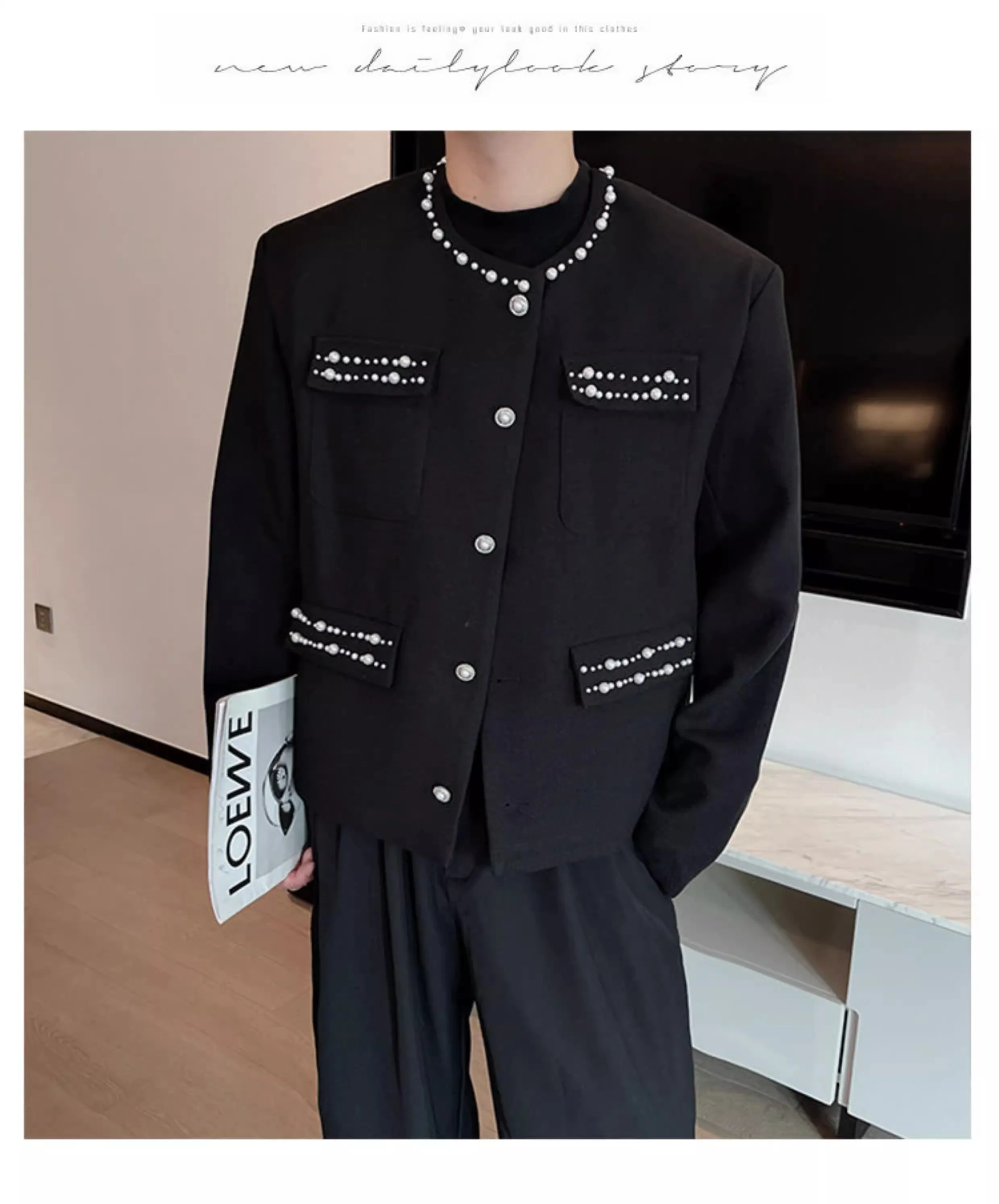 Men's Jacket Luxury Pearl Decorated Loose Fit Heavy Construction Autumn Faion Model Inspired Design Casual Men's Jaet y2k clothe