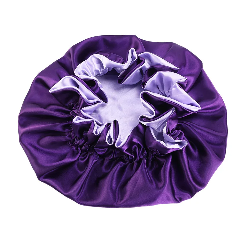 초대형 나무 귀 가장자리 더블 레이어 새틴 라운드 캡, 대형 레이스 수면 캡, 헤어 케어 캡, 미용 머리띠 캡