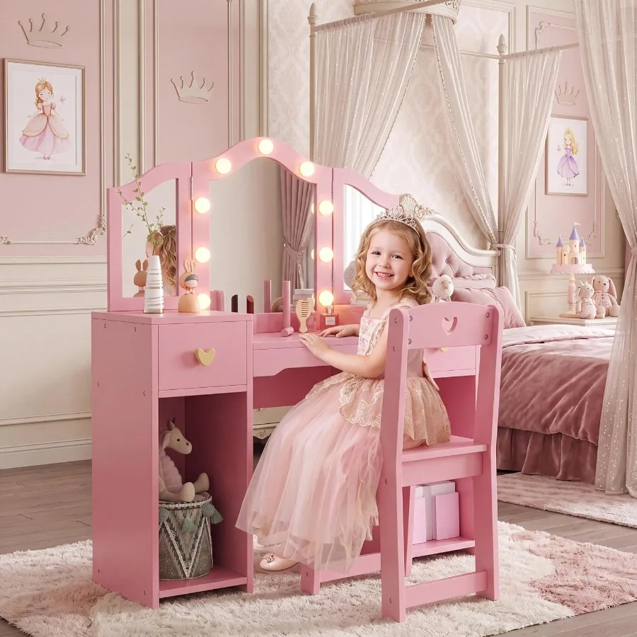 Vanity with Lights and Chair Princess Makeup Desk with Touch Light