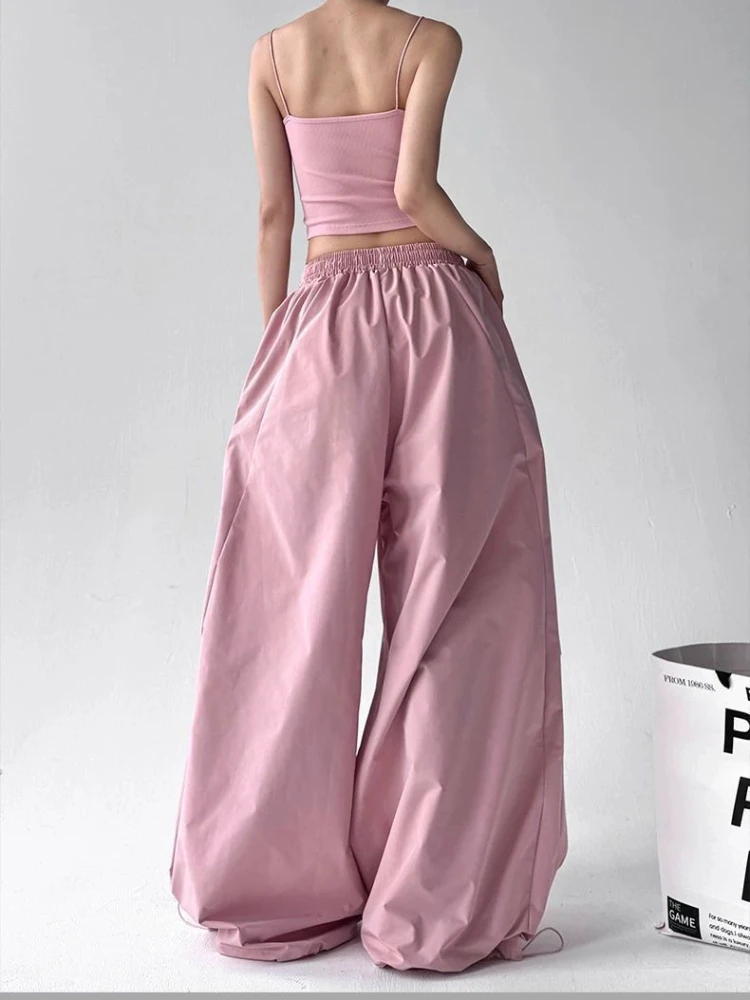 Amerykańskie spodnie cargo z szerokimi nogawkami, wysoki stan, sznurek, nadruk księżyca, estetyka Y2K, streetwear, letnie, luźne spodnie o swobodnym kroju.