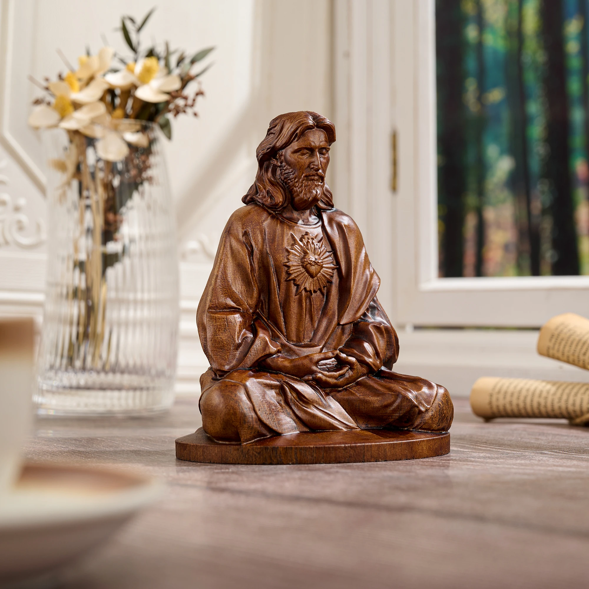 Vintage Wood Finish Sacred Heart Jesus Sitting Statue Meditating Holy Figurine Catholic Prayer Corner Home Decoration Baptism Ch