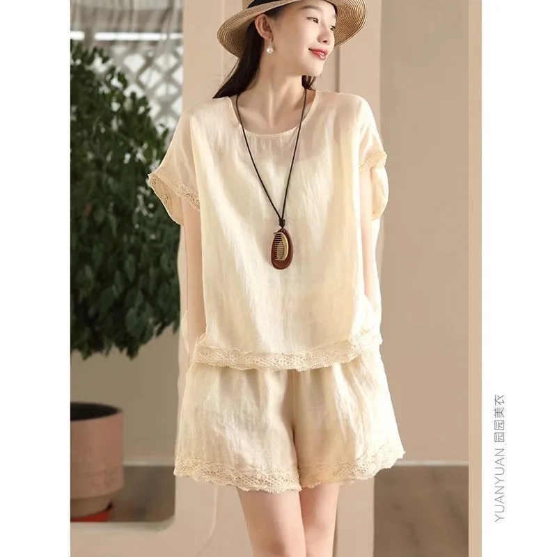 المرأة الصيف قطعتين تي شيرت السراويل واسعة أرجل القطن الكتان عادية بسيطة قسط لينة مريحة الاتجاه تنوعا المتخصصة #3