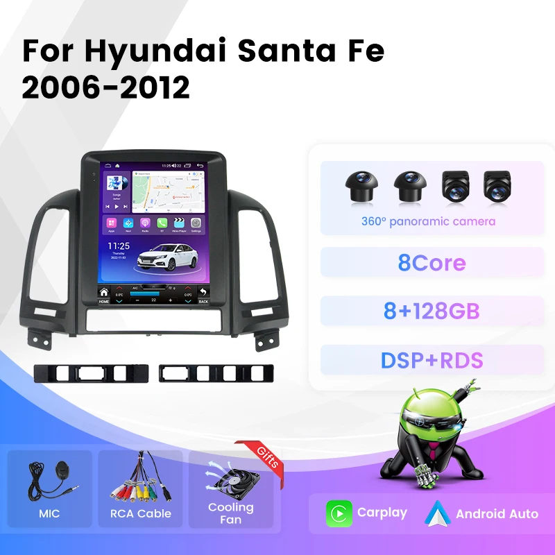 8-Core Android 13 For Hyundai Santa Fe 2 2006-2012 4G WiFi Car Radio Multimedia Player Carplay Auto GPS Navigation All-in-One