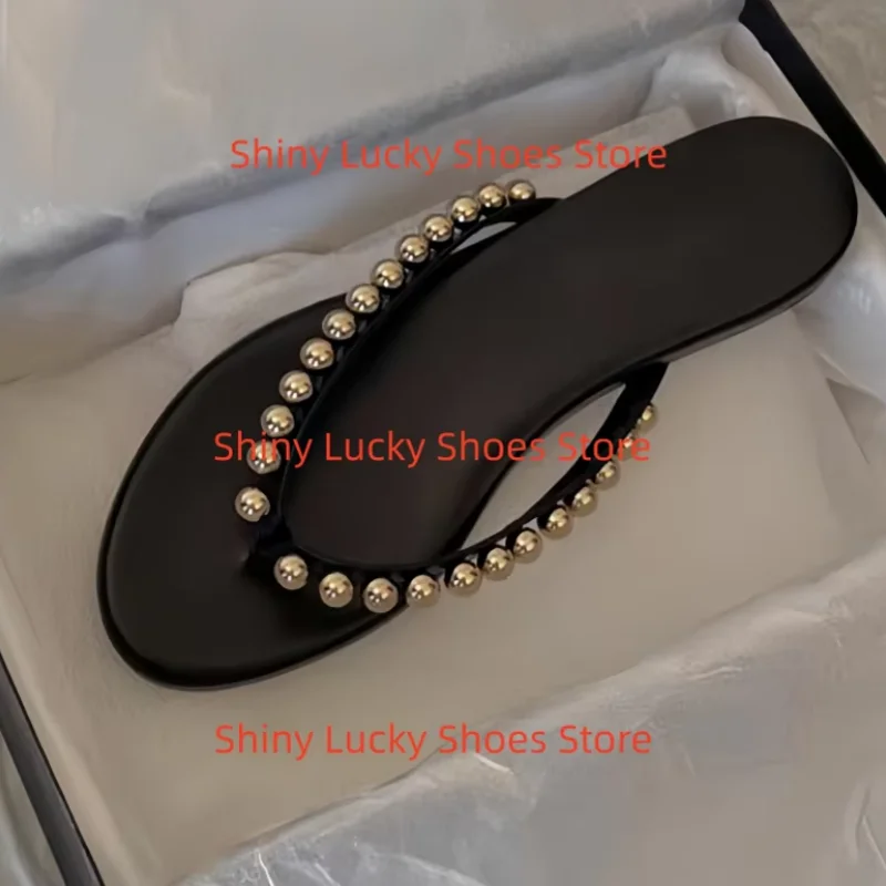 

Flip-flops Shoes for Womens Round Toes Flat Heels Sewing Lines Ladies Pu Leather Chassure Femme String Beading Zapatos De Mujer