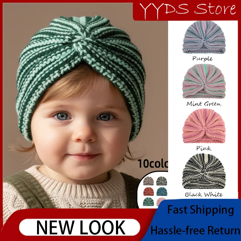 European American Kids Winter Warm Knit Hat - Soft Striped Woolen Hat with Knot, Comfortable for Toddlers