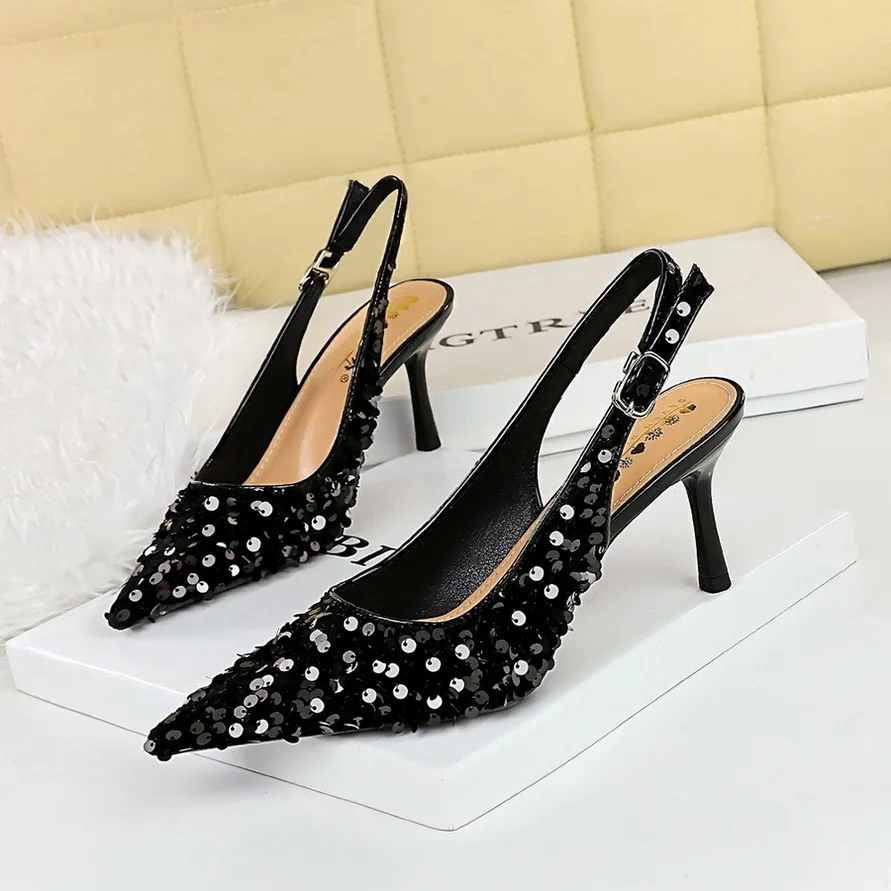 

new pattern fashion Banquet High Heels Women's Empty Shallow Cut Pointed Hollow Back Strap Sequin Single Women Pumps