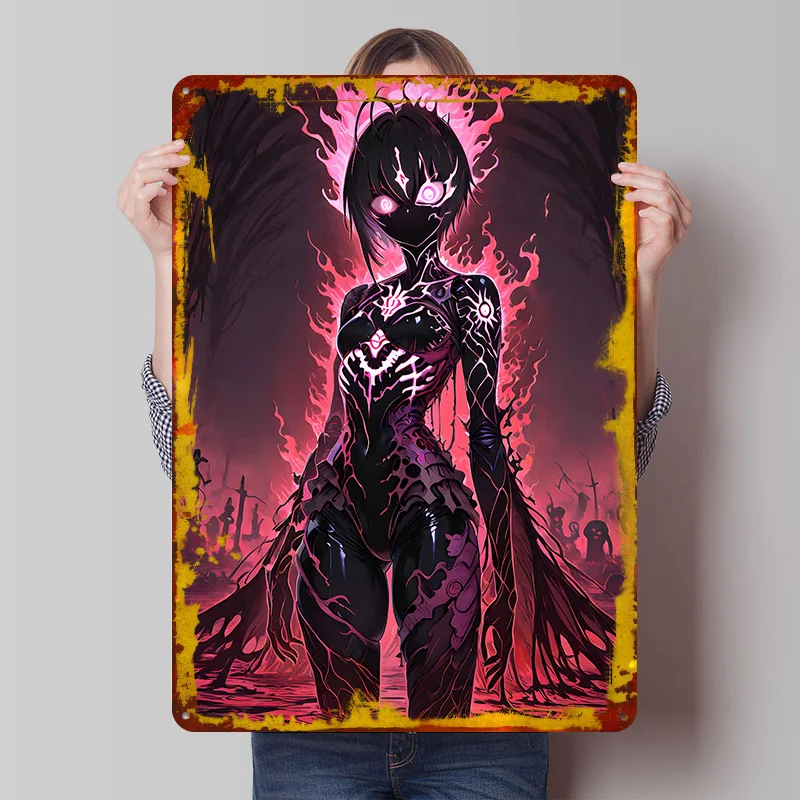 Eerie Anime Girl in Fiery Landscape Printed Poster Customized Wall Art Retro Vintage Metal Tin Signs for Living Room Decoration