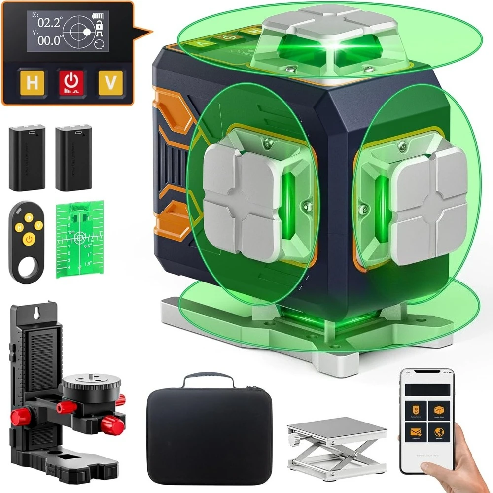 

4x360 ° 16-линейный лазерный уровень с дистанционным управлением и управлением через приложение, зеленый самовыравнивающийся лазер с перекрестной линией, 4D вертикальная/горизонтальная линия для