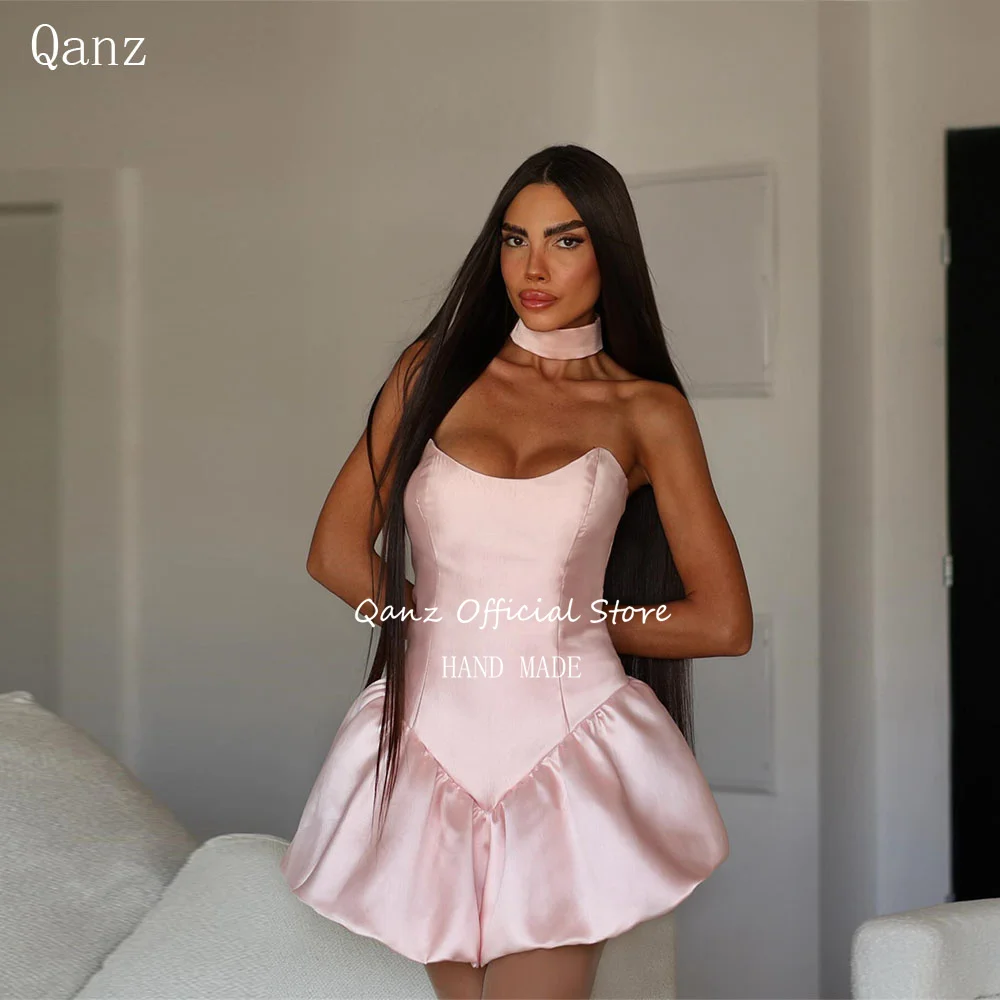 

Qanz Cute Mini Prom Dresses Pink Satin Birthday Dress Woman Sexy Puffy Above Knee Vestidos Para Eventos Especiales Customized