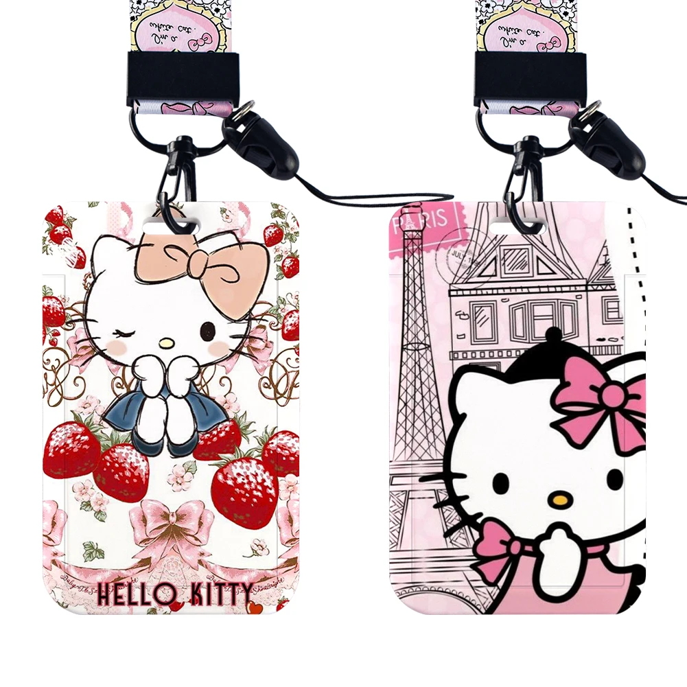 W Sanrio funda de tarjeta de Hello Kitty, figura Kawaii, Melody Kuromi, insignia de Cosplay, soporte para tarjetas bancarias de identificación, correas para el cuello, cordón