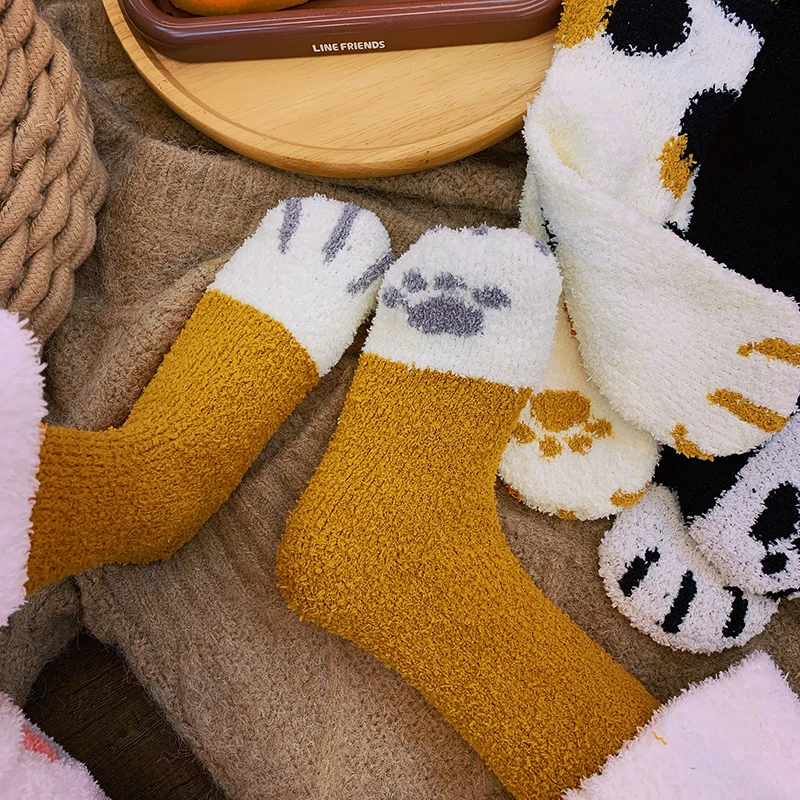 Winter Cute Sleep Socks Coral Fleece Cat's Paw Socks Women Indoor Tube Socks Ins Trendy Thickened Warm Room Socks