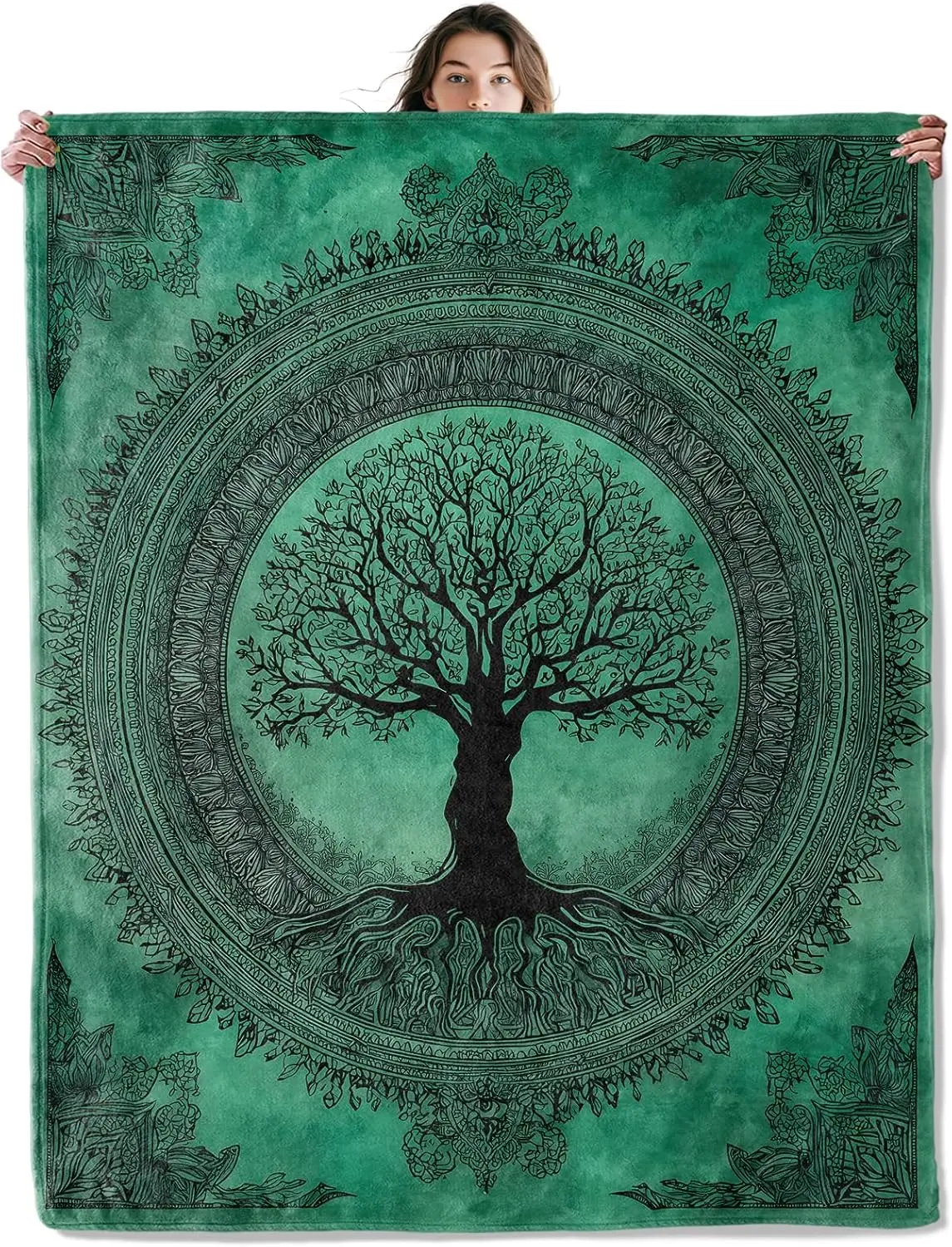 Tree of life blanket mandala design green spiritual art soft throw boho decor bedroom textile yoga accessory