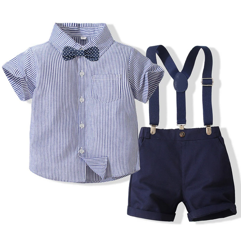 

4Piece 2023 Summer Boys Suits Outfits Set Baby Clothes Fashion Stripe Short Sleeve T-shirt+Shorts Boutique Kids Clothing BC441