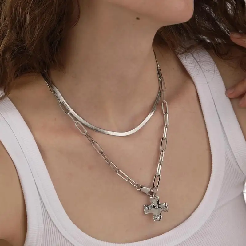 صليب سميك سحر قلادة الصلب المقاوم للصدأ طبقات عتيقة عظم عظم العظم هدية المجوهرات مجموعة 964A #2